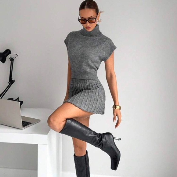 Siren Gaze Grey Turtleneck Knit Top + Knitted Blend Midi Skirt 2-Piece Set